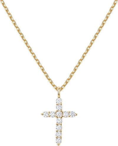 14K Gold Plated Cubic Zirconia Cross Necklace for Women | Sideways Cross Faith Pendant Necklaces
