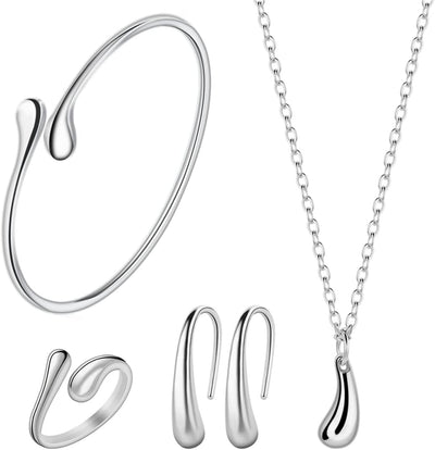 4PCS 925 Sterling Silver Jewelry Set for Women Teardrop Pendant Necklace Earrings Bracelet Ring Fit with Party Meeting Dating Wedding Daily Birthday Gift