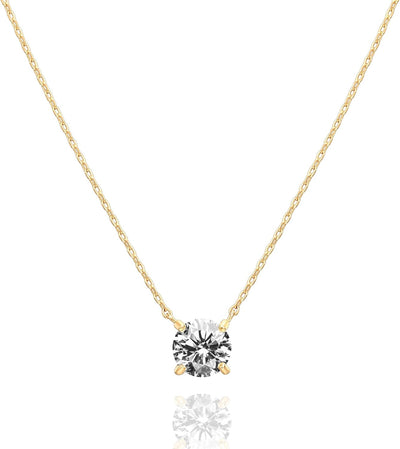 14K Gold Plated Crystal Solitaire 1.5 Carat (7.3Mm) CZ Dainty Choker Necklace | Gold Necklaces for Women
