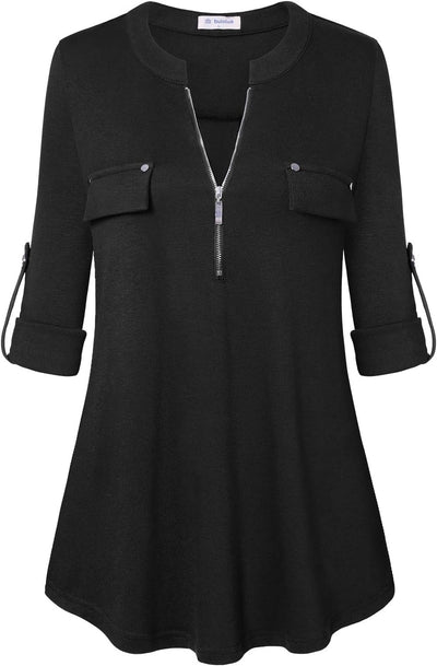 Women'S Zip Front V-Neck 3/4 Sleeve Tunic Casual Top