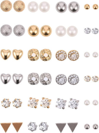 24 Pairs Stud Earrings Crystal Pearl Earring Set Ear Stud Jewelry for Girls Women Men, Silver and Gold