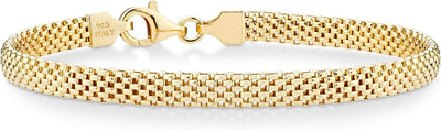 18K Gold over Sterling Silver Italian 5Mm Mesh Link Chain Bracelet for Women, 925 Made in Italy