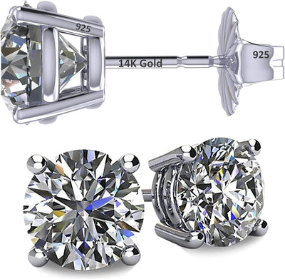 14K Solid Gold Post & Sterling Silver 4 Prong Pure Brilliance Zirconia CZ Stud Earrings 1.00Ctw - 8.00Ctw