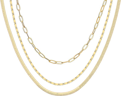 14K Gold Plated Dainty Layering Necklaces for Women | Snake Chain, Curb Link, Paperclip Layered Chains | Trendy Layering Necklace