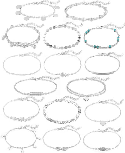 16Pcs Ankle Bracelets for Women Girls Gold Silver Two Style Chain Beach Anklet Bracelet Jewelry Anklet Set,Adjustable Size
