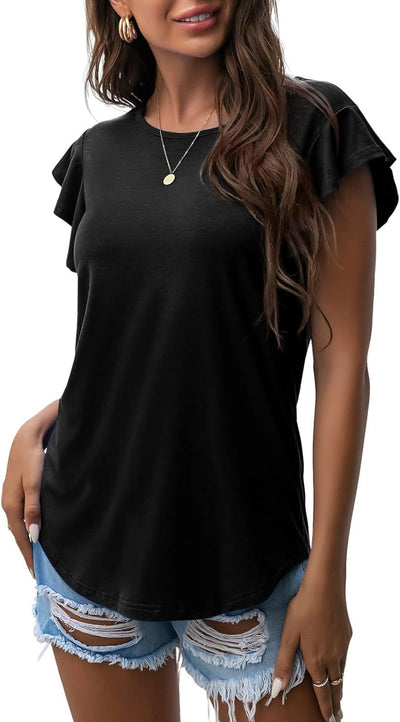 Women'S Tops Summer Casual Ruffle Short Sleeves Knit Shirts round Neck Tunic Top for Women 2024 Fashion Trend